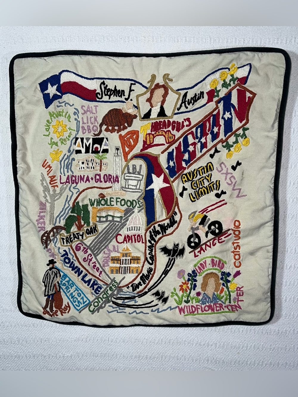 Vintage Catstudio Embroidered Austin Texas Handstitched Pillow Case